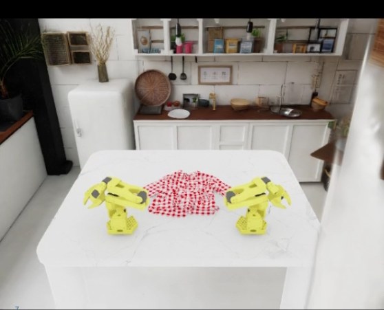 The simulation task: two SO-101 arms fold a garment on a kitchen table in Isaac Sim.