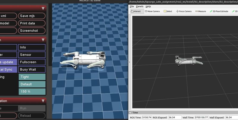 MuJoCo and RViz running together over the ROS 2 bridge.
