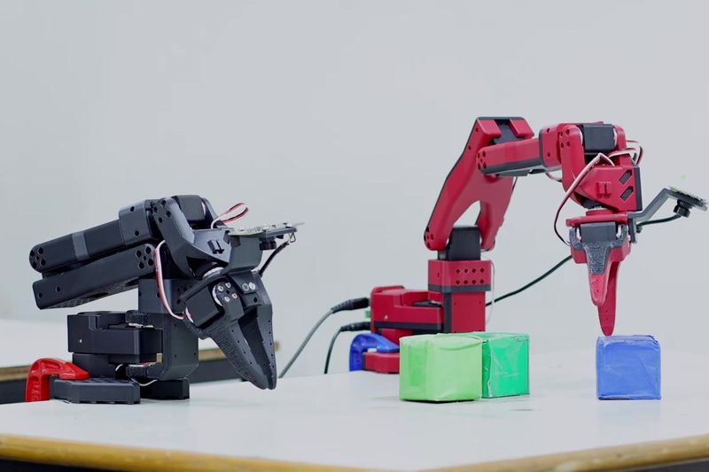 The two SO-101 arms stacking a blue cube on a green one.